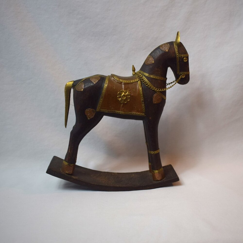Vintage Rocking Horse War Horse Metal on Wood Made In India - Picture 3 of 5